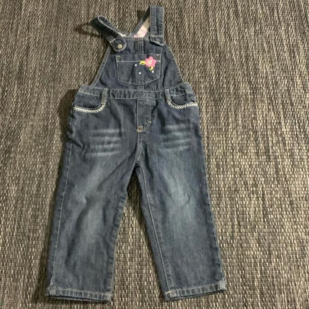 Oshkosh Genuine Kids Premium Denim Vintage Overalls Embroidered Flower Blue 24M